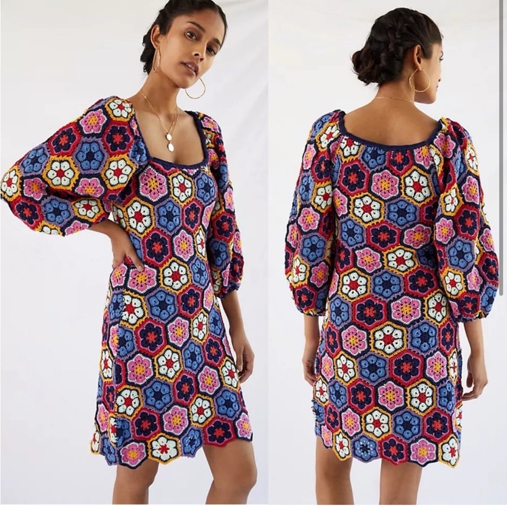 FARM RIO Crochet Floral Mini Dress multicolored flower handmade puff sleeve S